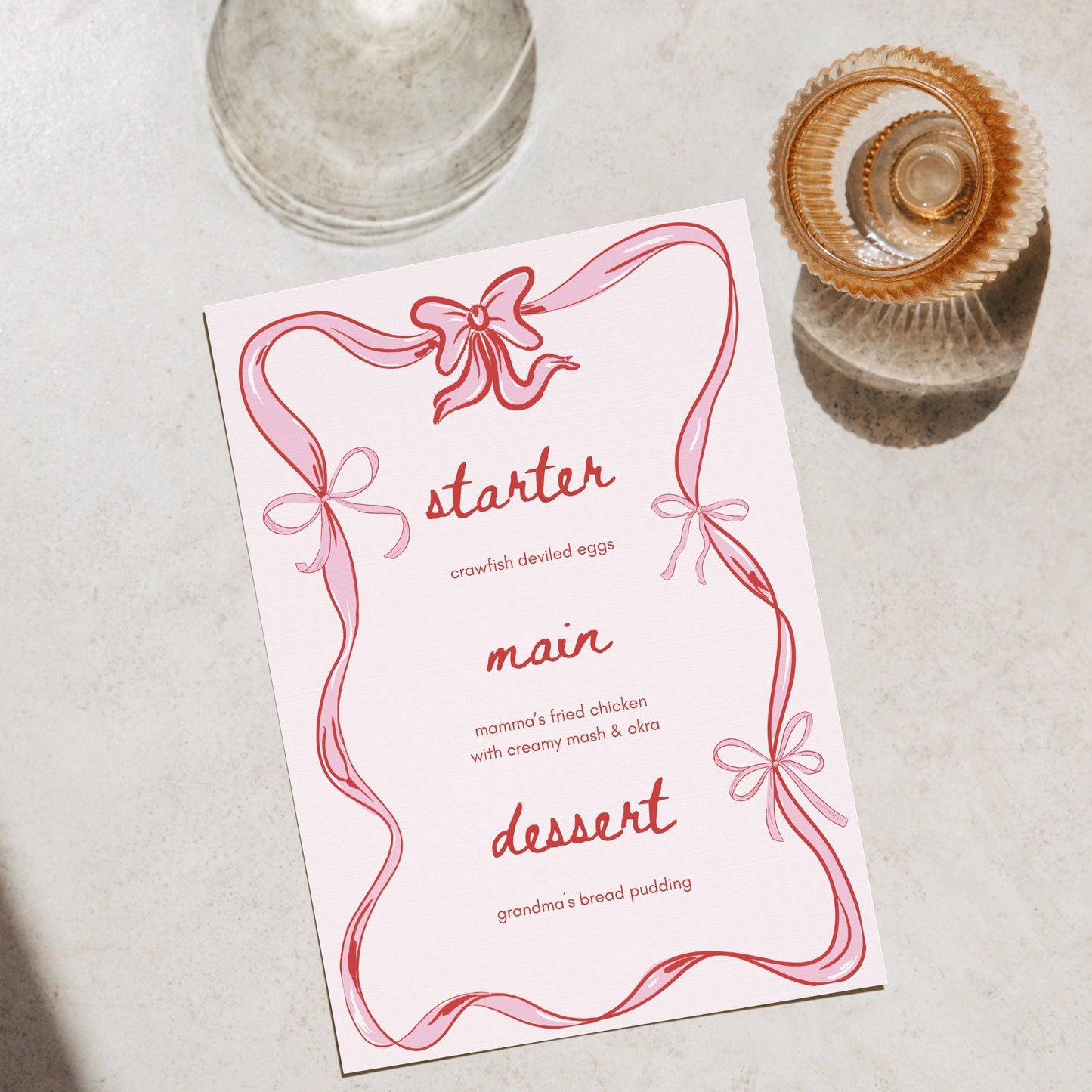 COQUETTE DINNER MENU - Hand-drawn Pink Bow Doodle Menu for Shabbat Dinner, Birthday Party, Bridal Shower, Baby Shower, Printable, Editable