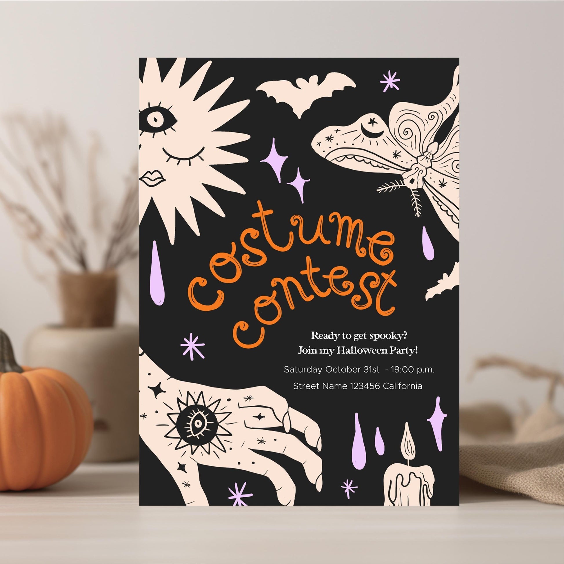 HALLOWEEN COSTUME PARTY Invitation | Editable Costume Contest Invite | Halloween Canva Template | Printable 5 x 7 Card | Spooky Clip Art