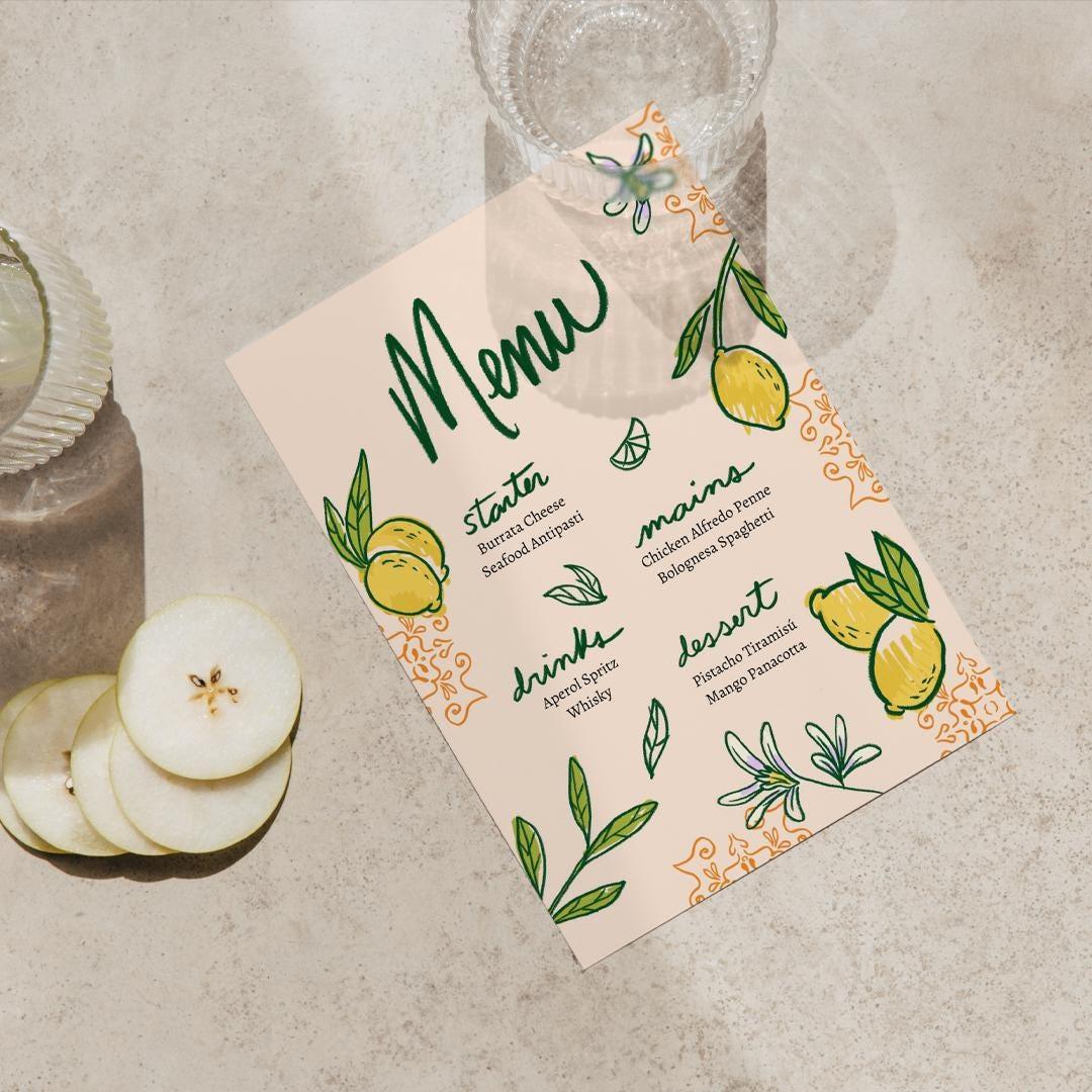 Printable Menu for Events or Dinner with Hand-drawn Citrus Floral Design | Editable Lemon Menu Canva Template | Digital Download for Events