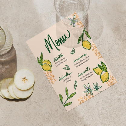 Printable Menu for Events or Dinner with Hand-drawn Citrus Floral Design | Editable Lemon Menu Canva Template | Digital Download for Events