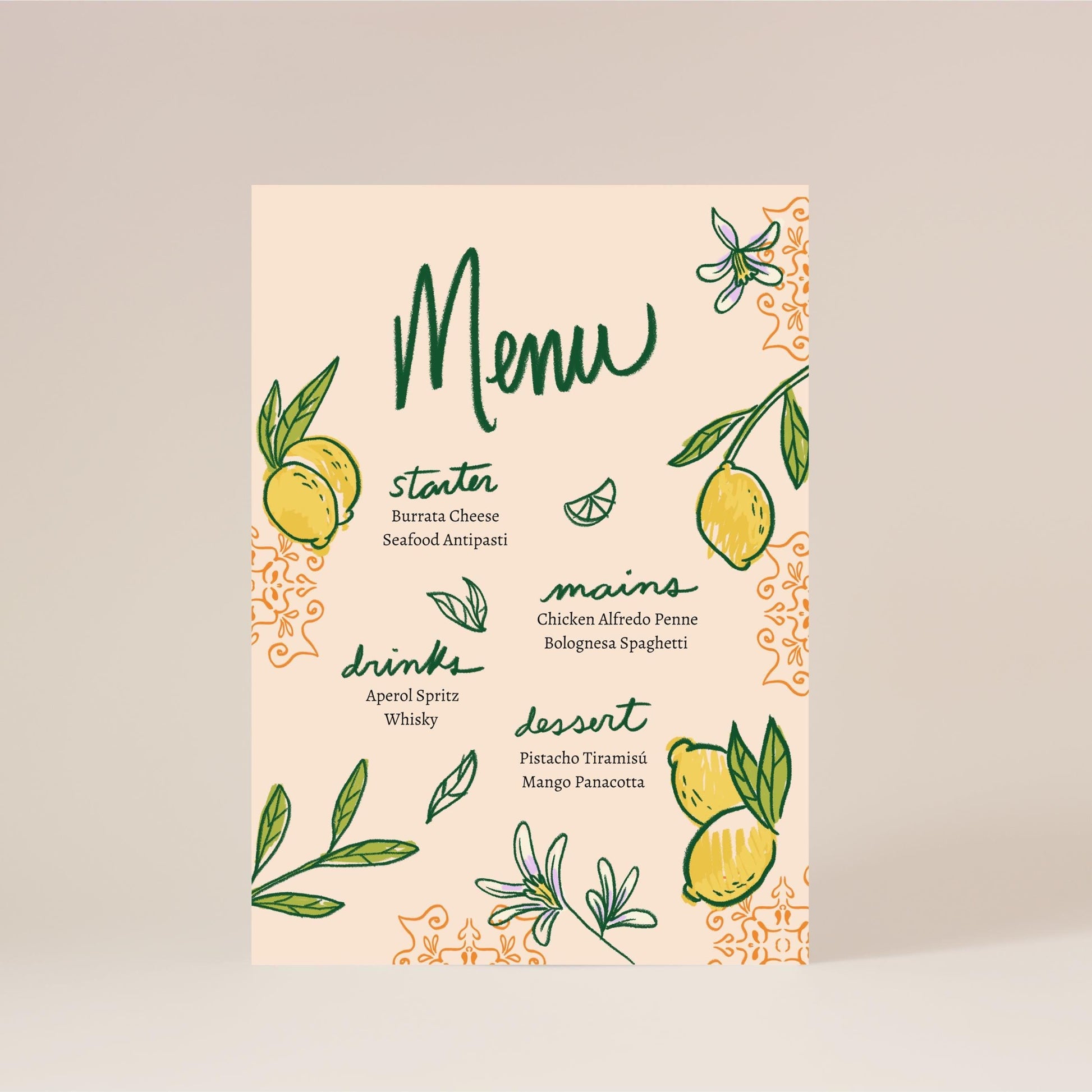 Printable Menu for Events or Dinner with Hand-drawn Citrus Floral Design | Editable Lemon Menu Canva Template | Digital Download for Events