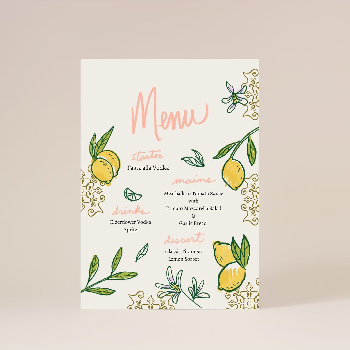 Printable Menu for Dinner Party or Shabbat Dinner | Hand-drawn Lemon Menu Card | Editable Citrus Menu Canva Template | Modern Event Menu