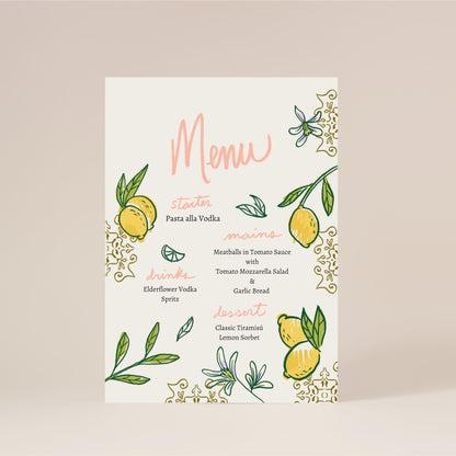 Printable Menu for Dinner Party or Shabbat Dinner | Hand-drawn Lemon Menu Card | Editable Citrus Menu Canva Template | Modern Event Menu