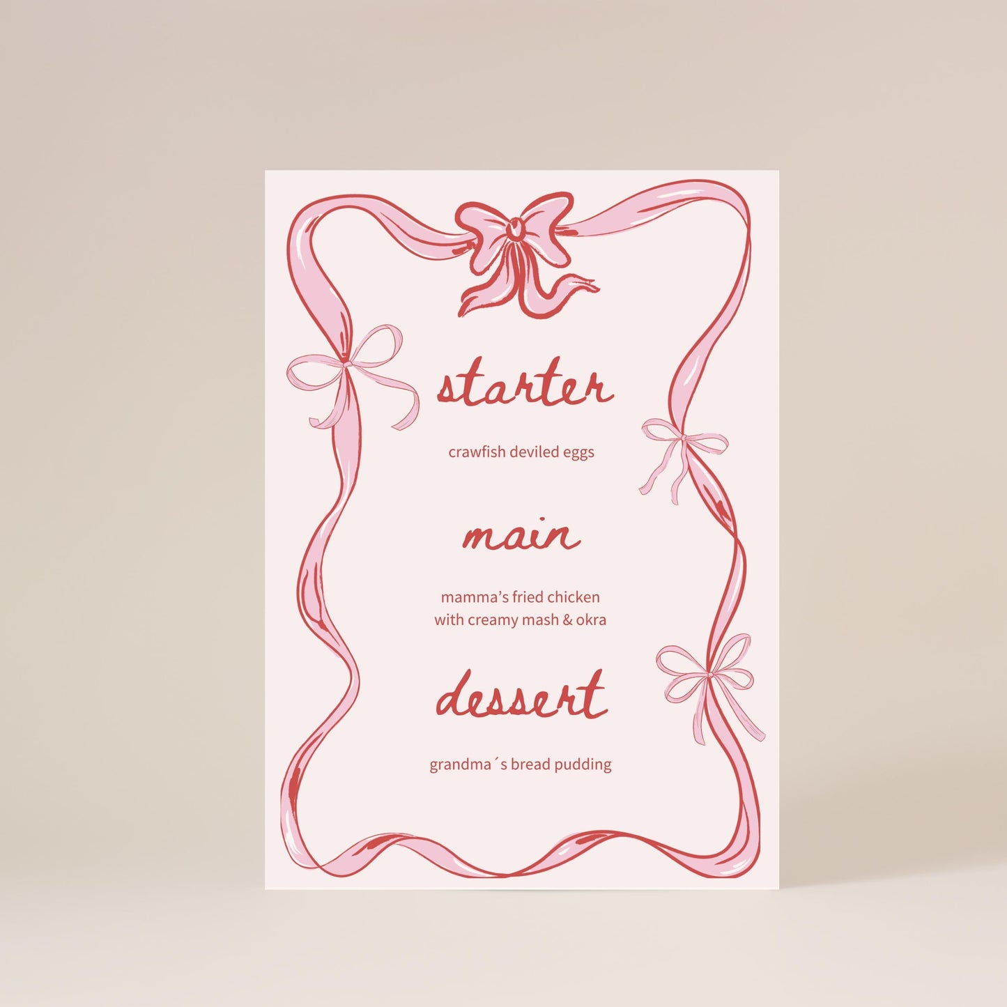 COQUETTE DINNER MENU - Hand-drawn Pink Bow Doodle Menu for Shabbat Dinner, Birthday Party, Bridal Shower, Baby Shower, Printable, Editable