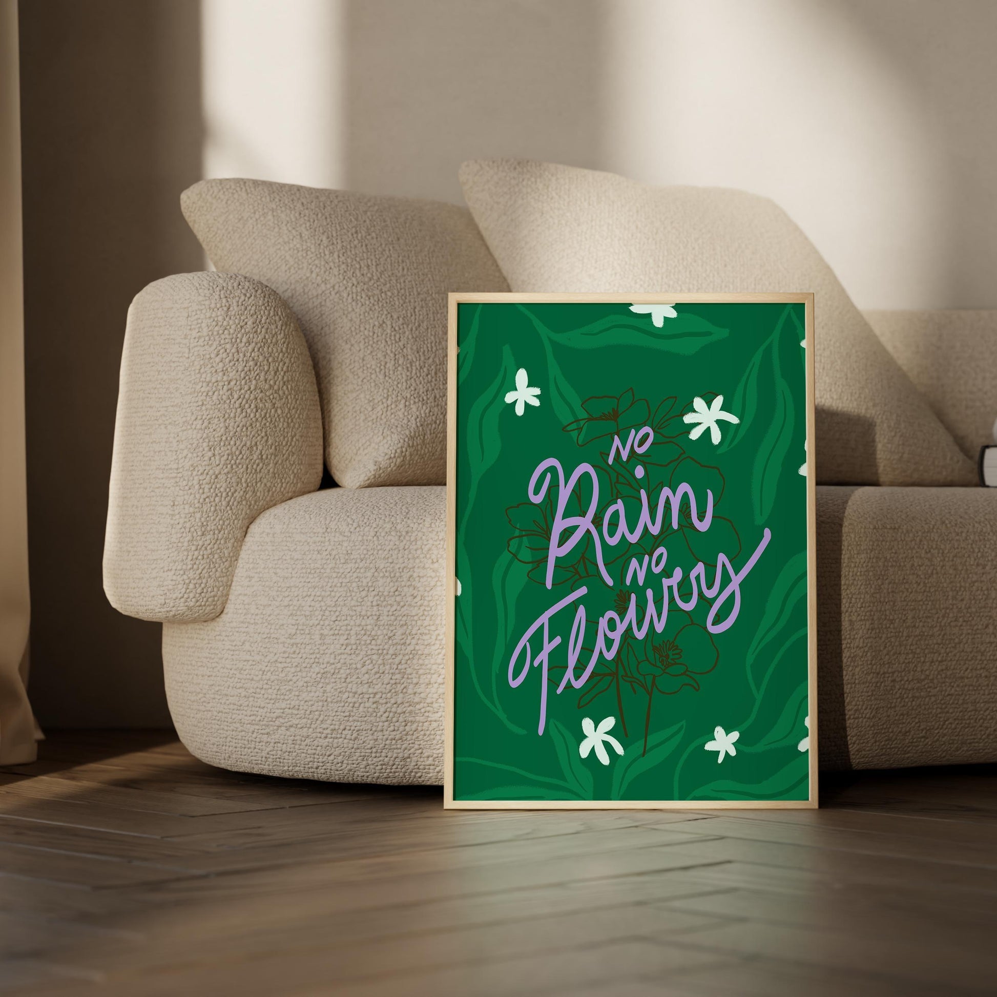 No Rain No Flowers - Inspirational Wall Art, Motivational Printable Poster, Green Floral Typography Digital Art, Positive Quote Decor