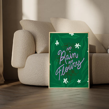 No Rain No Flowers - Inspirational Wall Art, Motivational Printable Poster, Green Floral Typography Digital Art, Positive Quote Decor