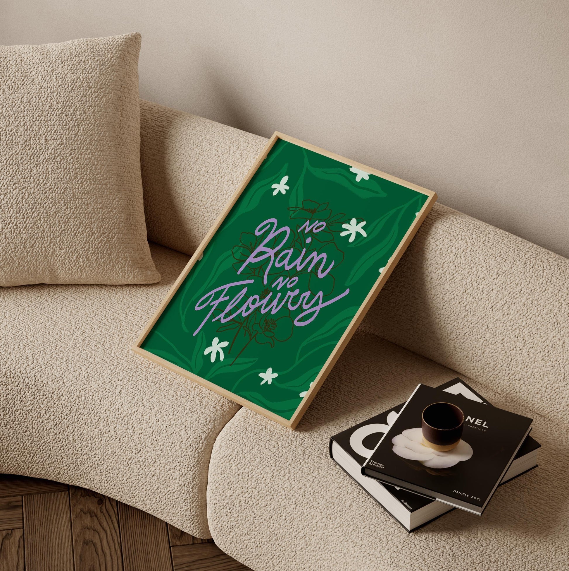 No Rain No Flowers - Inspirational Wall Art, Motivational Printable Poster, Green Floral Typography Digital Art, Positive Quote Decor