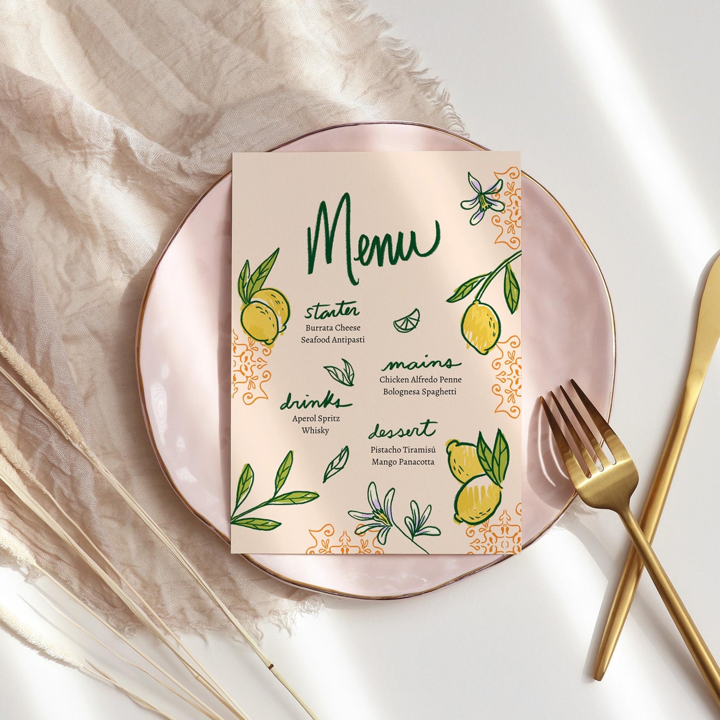 Printable Menu for Events or Dinner with Hand-drawn Citrus Floral Design | Editable Lemon Menu Canva Template | Digital Download for Events