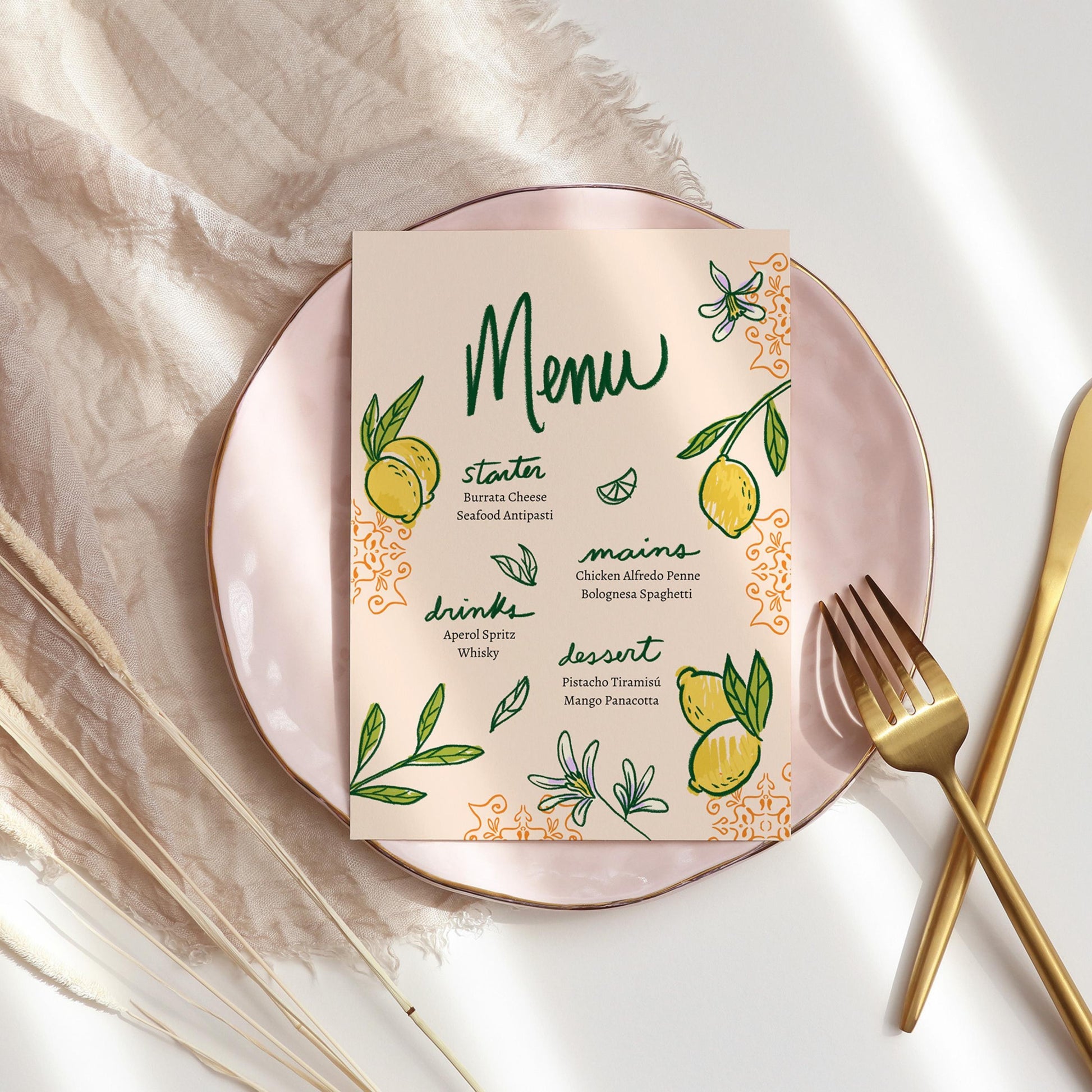 Printable Menu for Events or Dinner with Hand-drawn Citrus Floral Design | Editable Lemon Menu Canva Template | Digital Download for Events