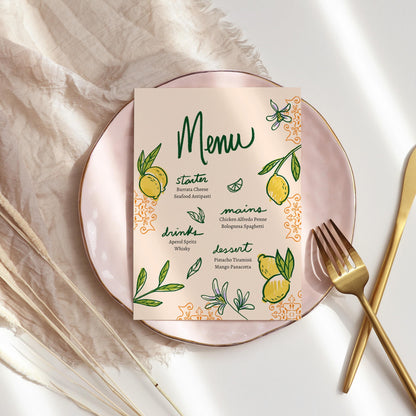 Printable Menu for Events or Dinner with Hand-drawn Citrus Floral Design | Editable Lemon Menu Canva Template | Digital Download for Events