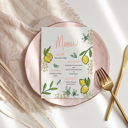 Printable Menu for Dinner Party or Shabbat Dinner | Hand-drawn Lemon Menu Card | Editable Citrus Menu Canva Template | Modern Event Menu