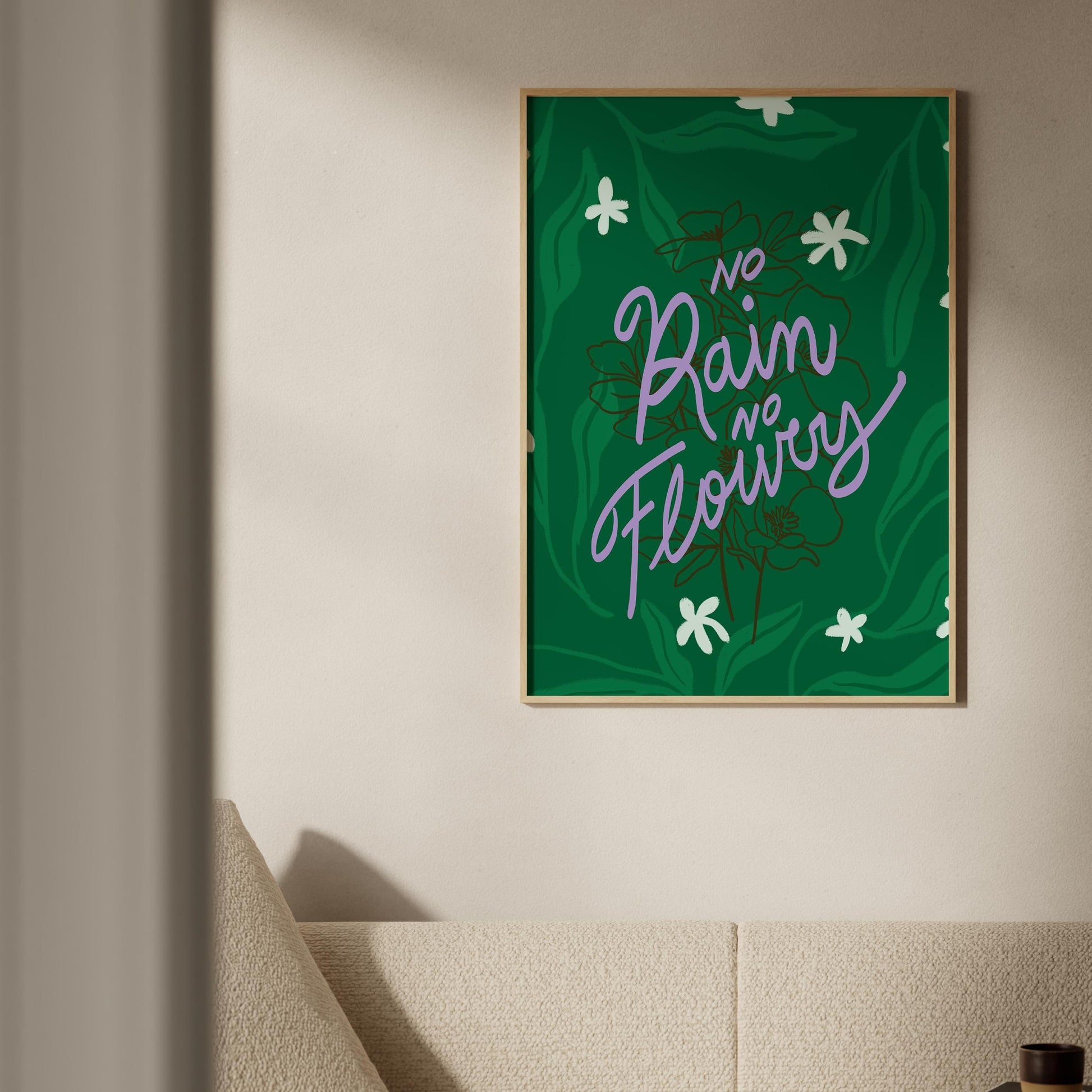 No Rain No Flowers - Inspirational Wall Art, Motivational Printable Poster, Green Floral Typography Digital Art, Positive Quote Decor