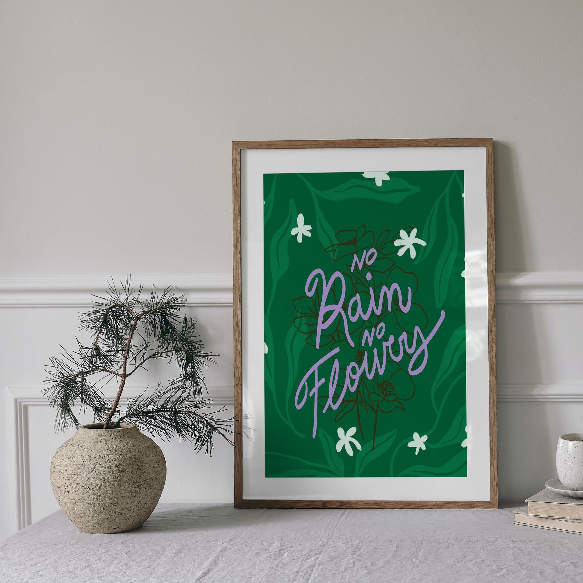 No Rain No Flowers - Inspirational Wall Art, Motivational Printable Poster, Green Floral Typography Digital Art, Positive Quote Decor